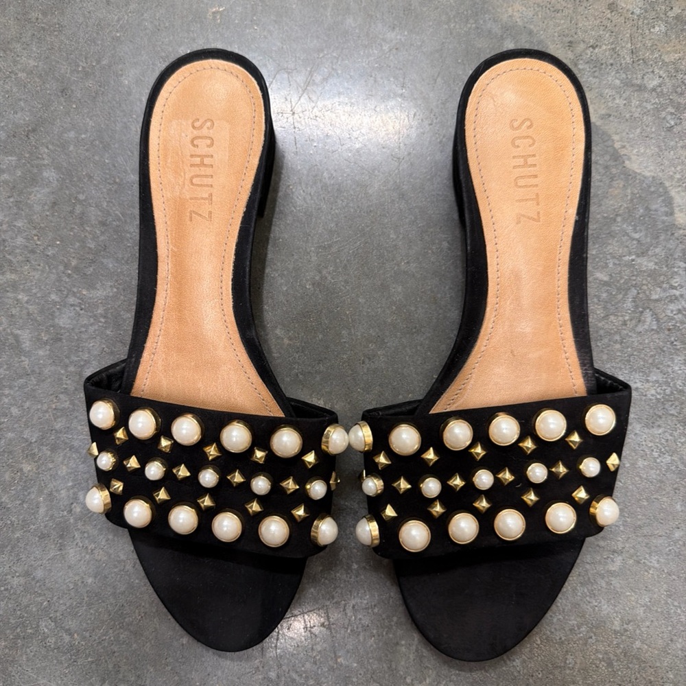 SCHUTZ Black Pearl & Gold Stud Slide Mules